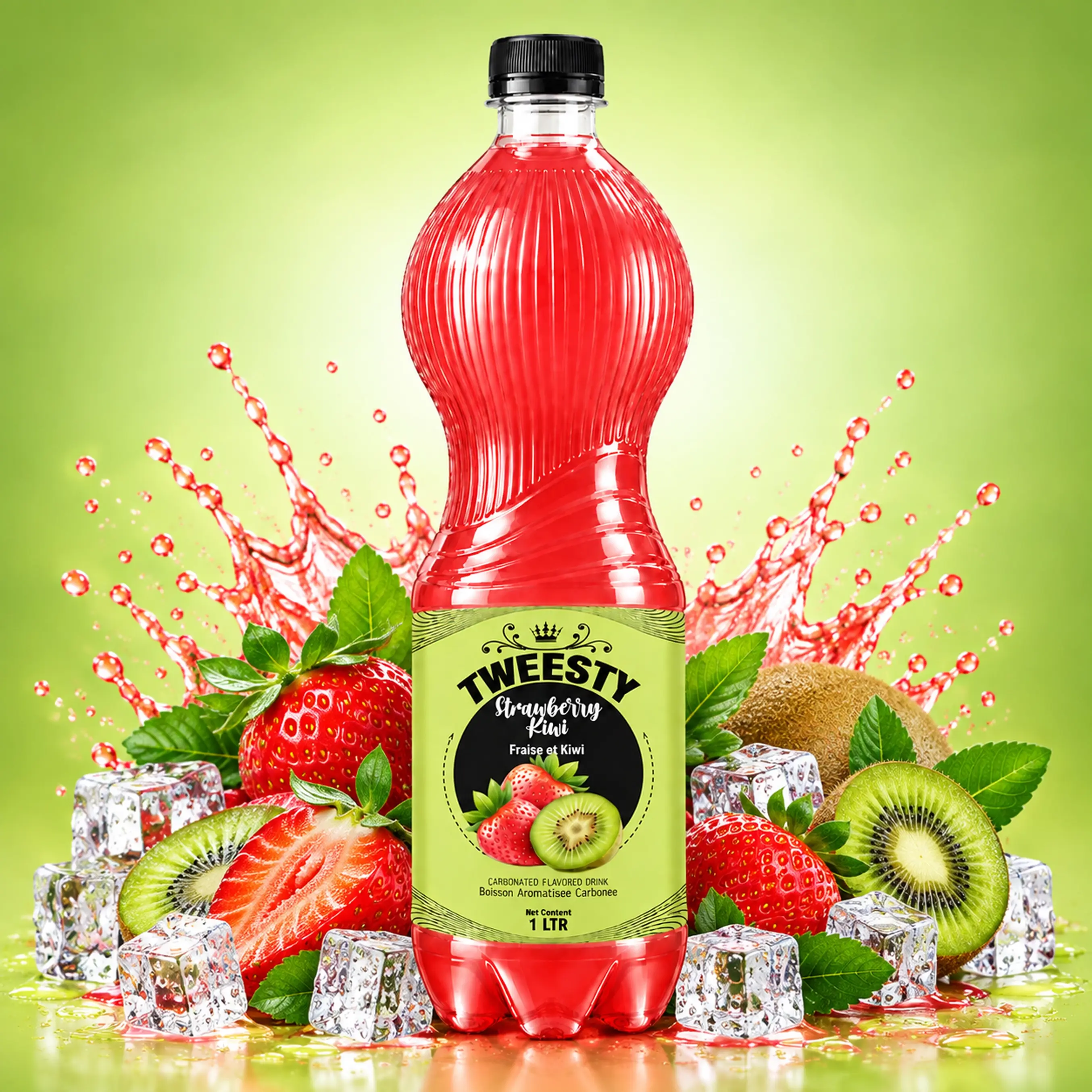 TWEESTY Strawberry Kiwi 1L PET bottle with strawberries, kiwi and ice.